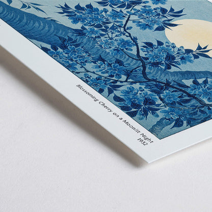 Closeup detail of Cherry blossoms and full moon by Ohara Koson poster showing cherry tree in full bloom under moon Blossoming Cherry on a Moonlit Night