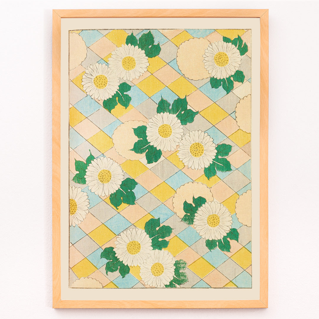 Closeup detail of Chrysanthemum flowers and white flowers with green leaves on pastel geometric background artwork by Korin Furuya Bijutsukai Pl 218 poster