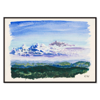Watercolor landscape painting and abstract poster of blue sky and forest by Karl Wiener titled Naturstudie XXVII, with black aluminium frame on white background