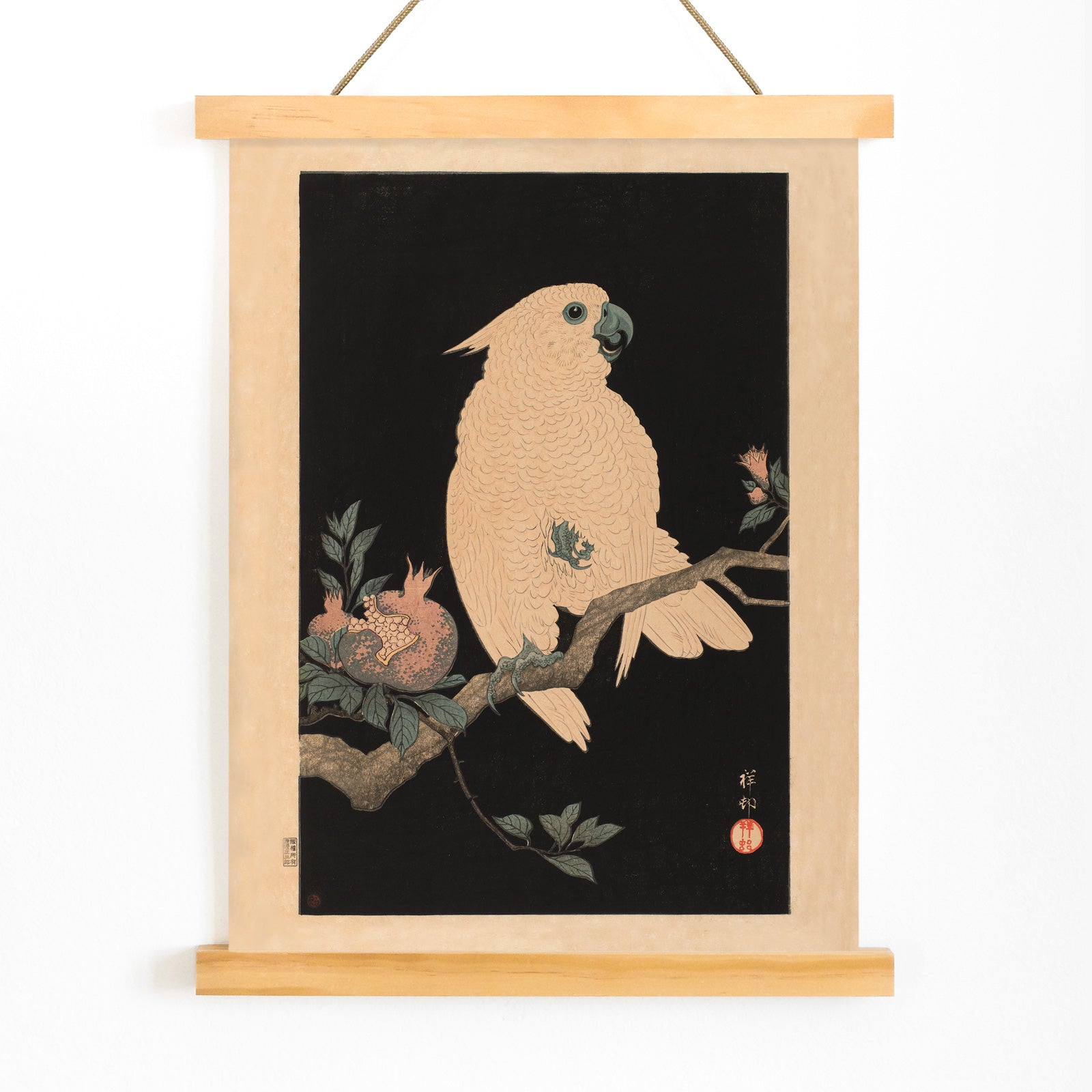 White cockatoo perched on a branch with pomegranate artwork by Ohara Koson poster, with wooden magnetic frame on white background