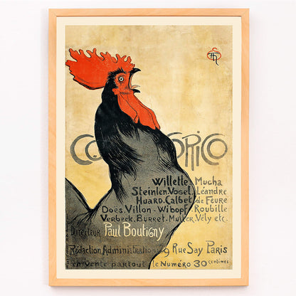 Black rooster with red comb and text promoting Cocorico by Theophile Alexandre Steinlen on yellow background illustration poster, framed and displayed in modern living room decor