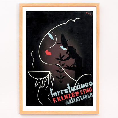 Closeup detail of Abstract coffee-themed artwork and poster by Carlo Piquillo Pandolfi featuring stylized figures bold text coffee cup and face Torrefazione F Kluzer E Figli Abbiategrasso