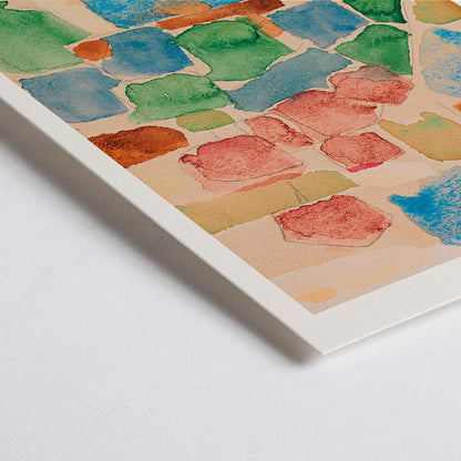 Closeup detail of Floral Still Life by Alexej von Jawlensky abstract watercolor painting with vibrant geometric shapes in red blue and green tones