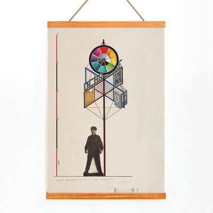 Geometric exhibition stand design by Gustavs Klucis for VKhUTEMAS featuring a colorful structure and a person below poster style, with wooden magnetic frame on white background