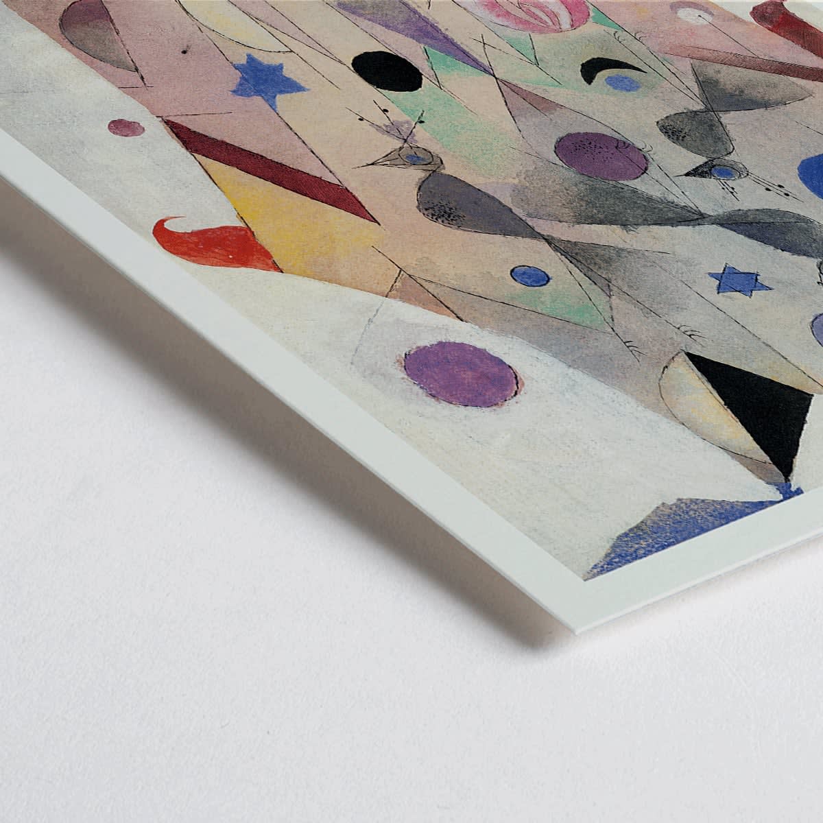 Closeup detail of Abstract artwork Persian Nightingales by Paul Klee featuring geometric shapes birds and colorful patterns