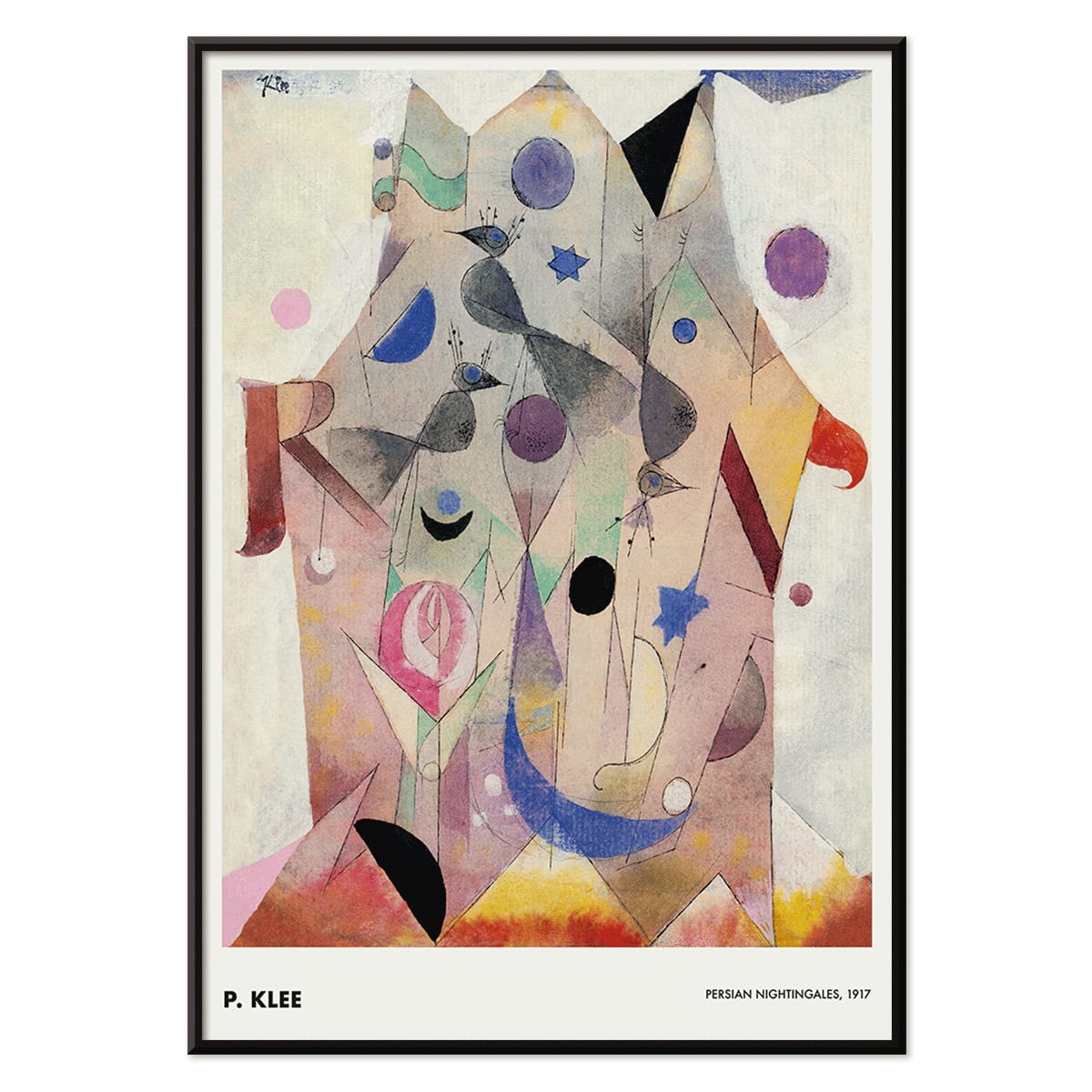 Abstract artwork Persian Nightingales by Paul Klee featuring geometric shapes birds and colorful patterns, with black aluminium frame on white background