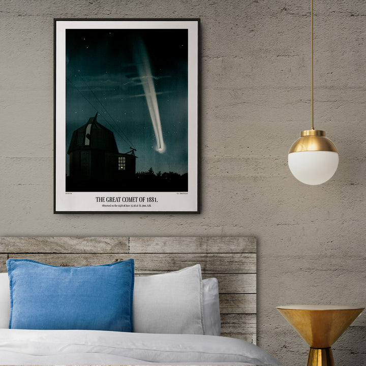 Night sky with bright comet over observatory artwork The Great Comet of 1881 by E L Trouvelot, framed and displayed in home decor