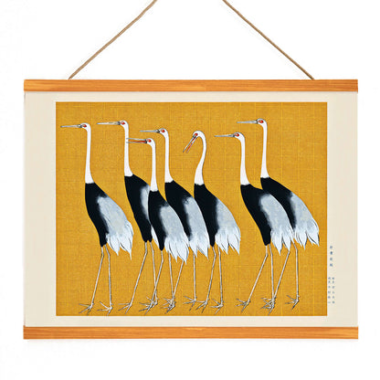 Traditional Japanese red crown crane artwork and portrait poster featuring a flock of beautiful birds by Ogata Korin, with wooden magnetic frame on white background