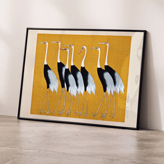 Traditional Japanese red crown crane artwork and portrait poster featuring a flock of beautiful birds by Ogata Korin, framed and displayed in home decor