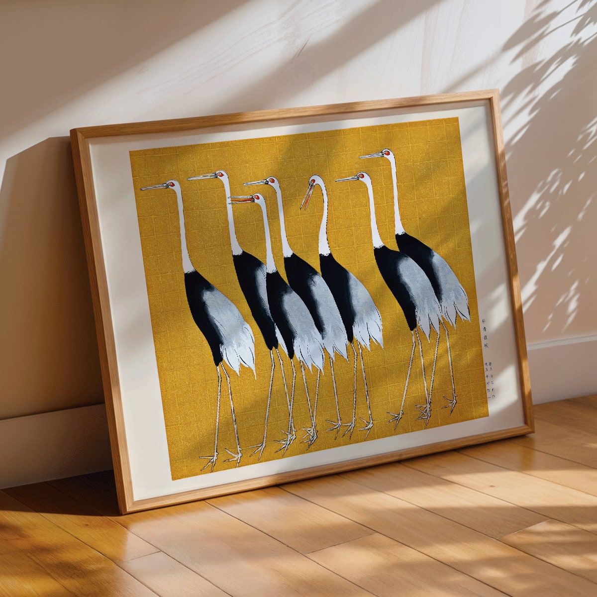 Traditional Japanese red crown crane artwork and portrait poster featuring a flock of beautiful birds by Ogata Korin, framed and displayed in modern living room decor