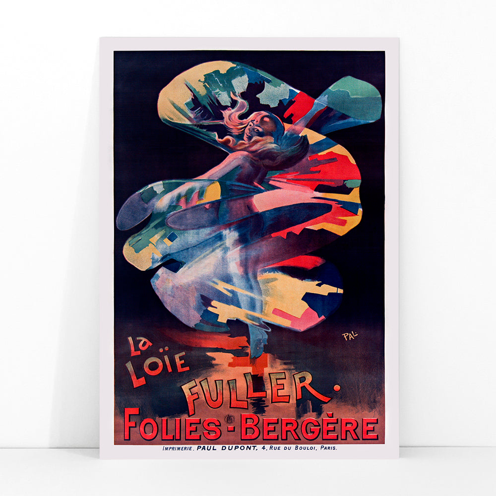 Colorful swirling dancer La Loie Fuller by Pal poster advertising Folies Bergere performance, framed and displayed in modern living room decor