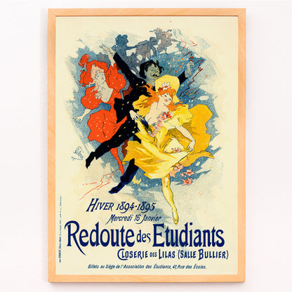 Closeup detail of Colorful dancers in festive attire and vibrant costumes featured in Redoute Des Etudiants by Jules Cheret vintage poster with bold text