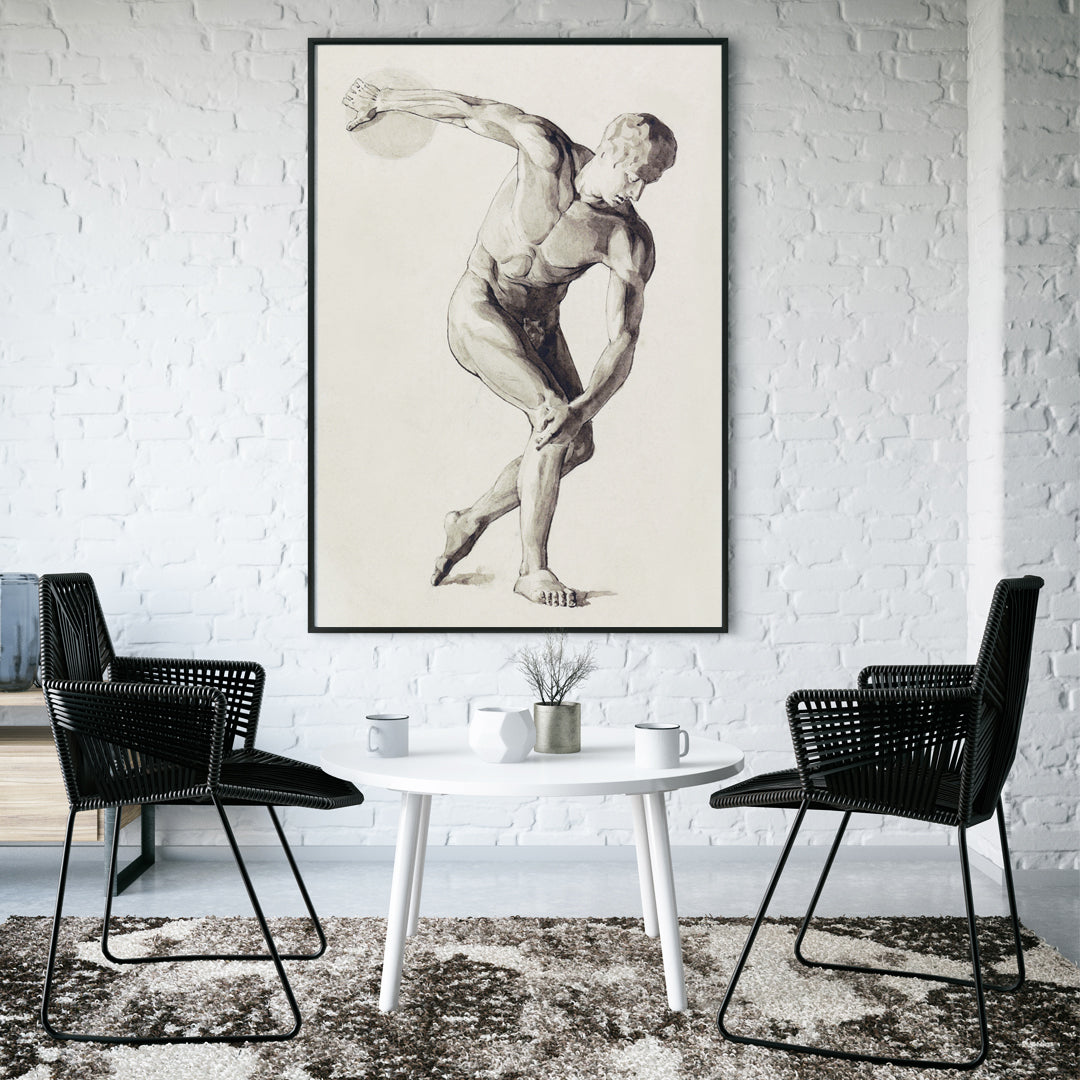 Discus Thrower by Jan Veth classical male athlete in dynamic discus throwing pose artwork and poster, framed and displayed in home decor