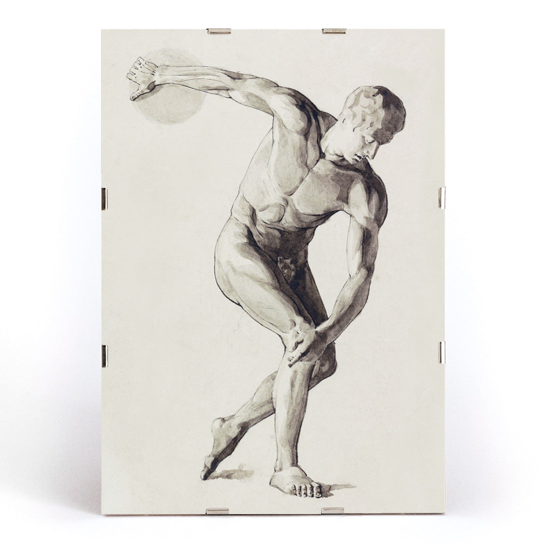 Discus Thrower by Jan Veth classical male athlete in dynamic discus throwing pose artwork and poster, framed and displayed in modern living room decor