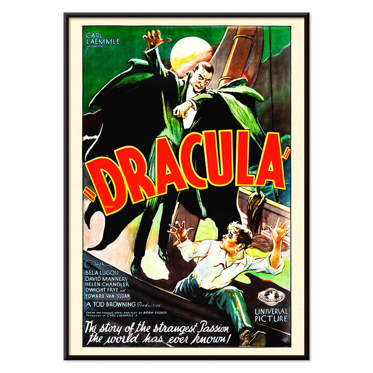Dracula movie poster by artist showing a menacing Dracula in a green cloak pursuing a terrified man with a full moon in the background, with black aluminium frame on white background