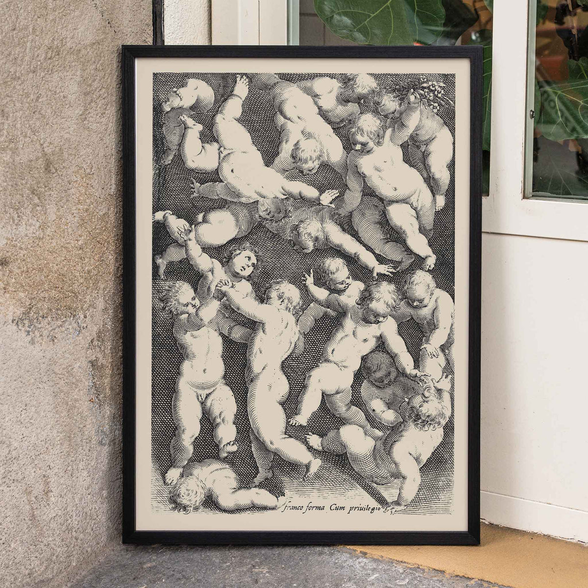 Jacopo Palma the Younger How to Draw Human Bodies poster with cherubs in varied poses and engraved hatching, framed and displayed in home decor