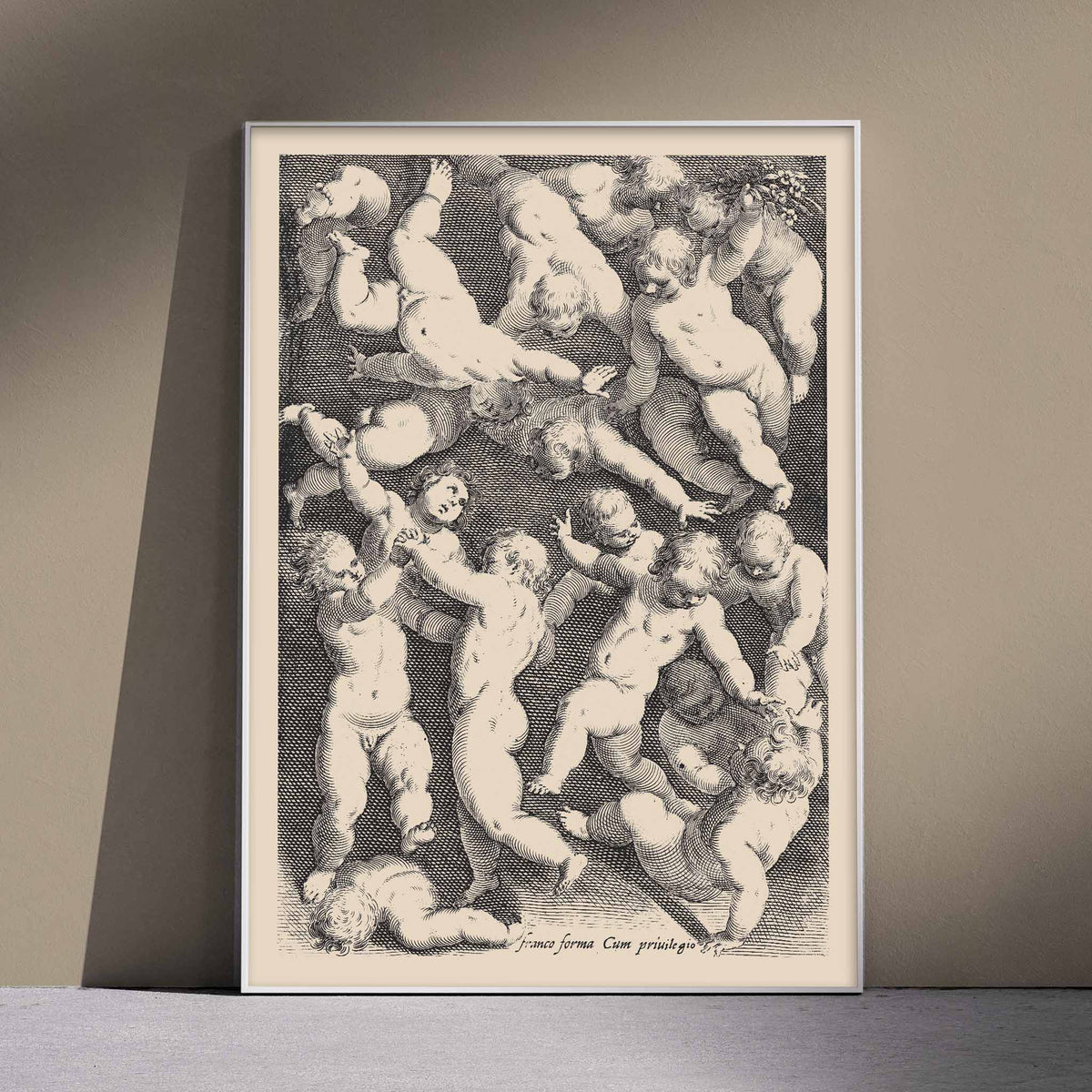 Jacopo Palma the Younger How to Draw Human Bodies poster with cherubs in varied poses and engraved hatching, framed and displayed in modern living room decor