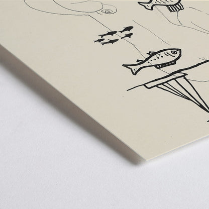 Closeup detail of Drowned by Mikuláš Galanda surreal minimalist line drawing poster featuring abstract human figure fish and sailboat