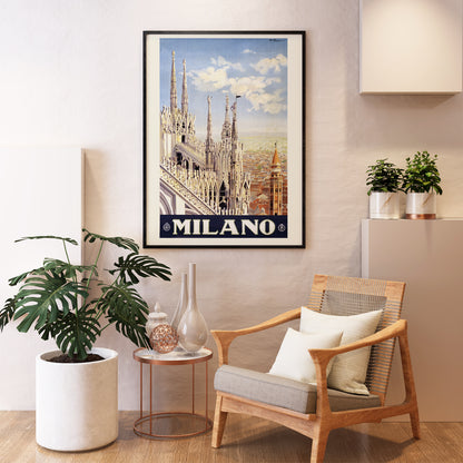 Milano cityscape and Duomo di Milano skyline illustrated by Allessandro Pomi in classic style artwork poster, framed and displayed in home decor