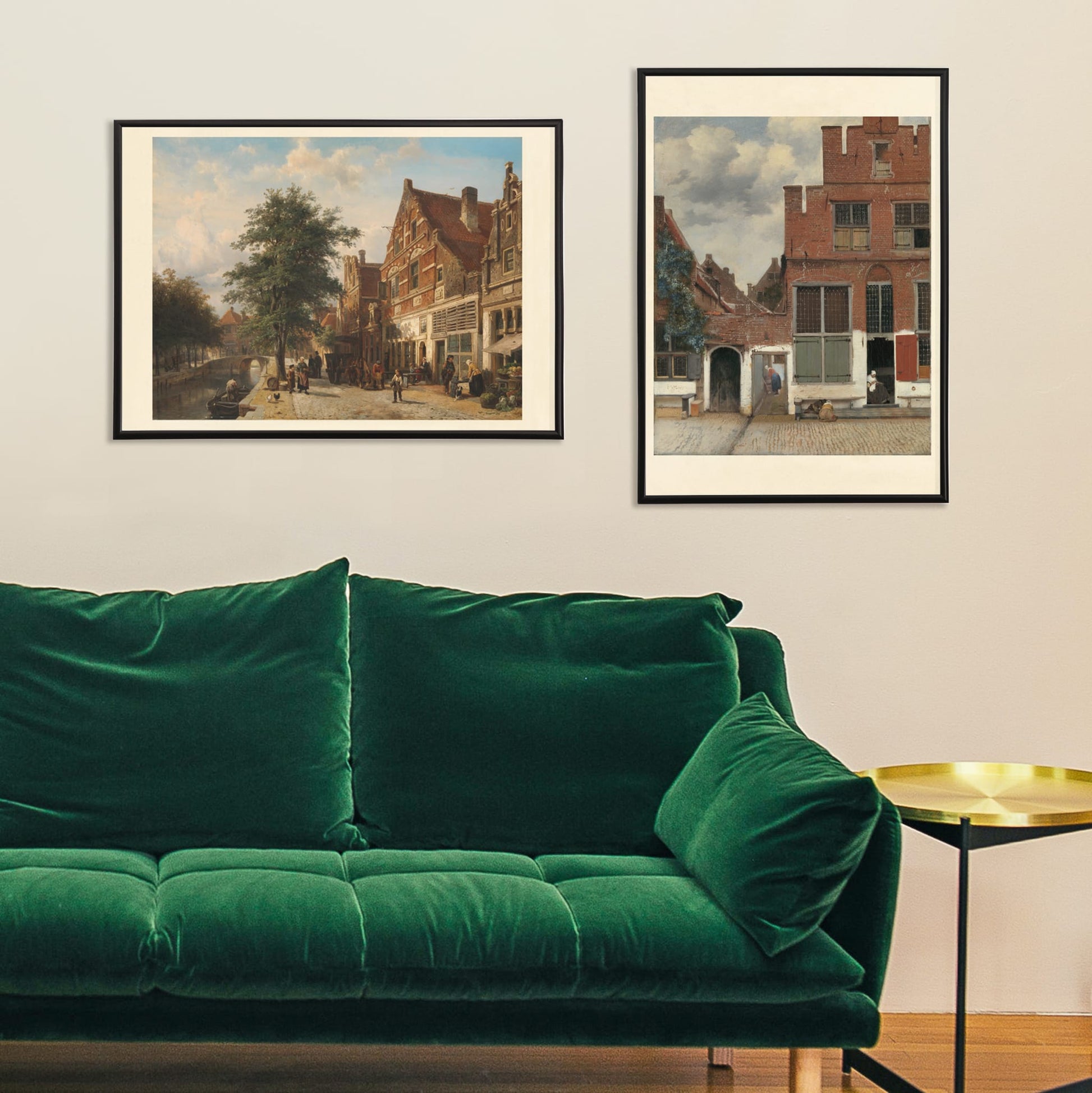 Town View by Cornelis Springer Dutch canal street scene with people horse cart trees and cityscape poster ideal for wall decor, framed and displayed in home decor