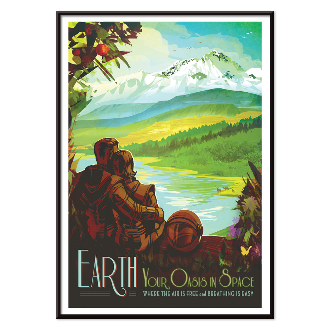 Two people in spacesuits admire a lush green landscape with mountains and a lake Earth Your Oasis in Space by NASA poster artwork, with black aluminium frame on white background