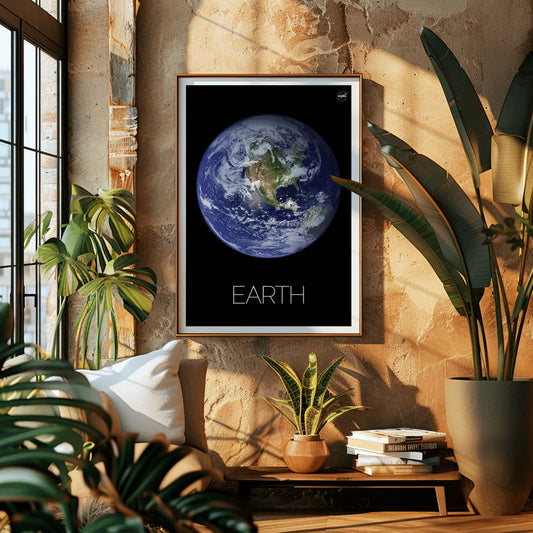 Stunning NASA image of Earth from space titled Earth from Space 1 on a black background poster, framed and displayed in home decor