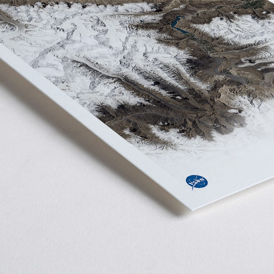Closeup detail of Stunning NASA satellite image of Earth showing snowy mountain ranges and rugged terrain high resolution poster