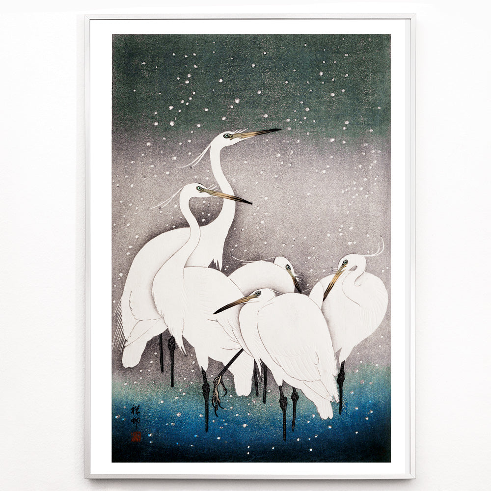 Closeup detail of Group of egrets standing together in the snow artwork by Ohara Koson poster