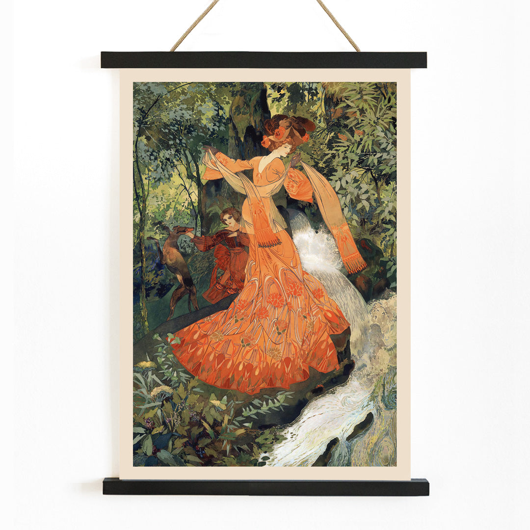 Elegant woman in ornate orange dress by a stream in lush forest featured in Elegante Pres D une Source by Georges de Feure art poster, with wooden magnetic frame on white background