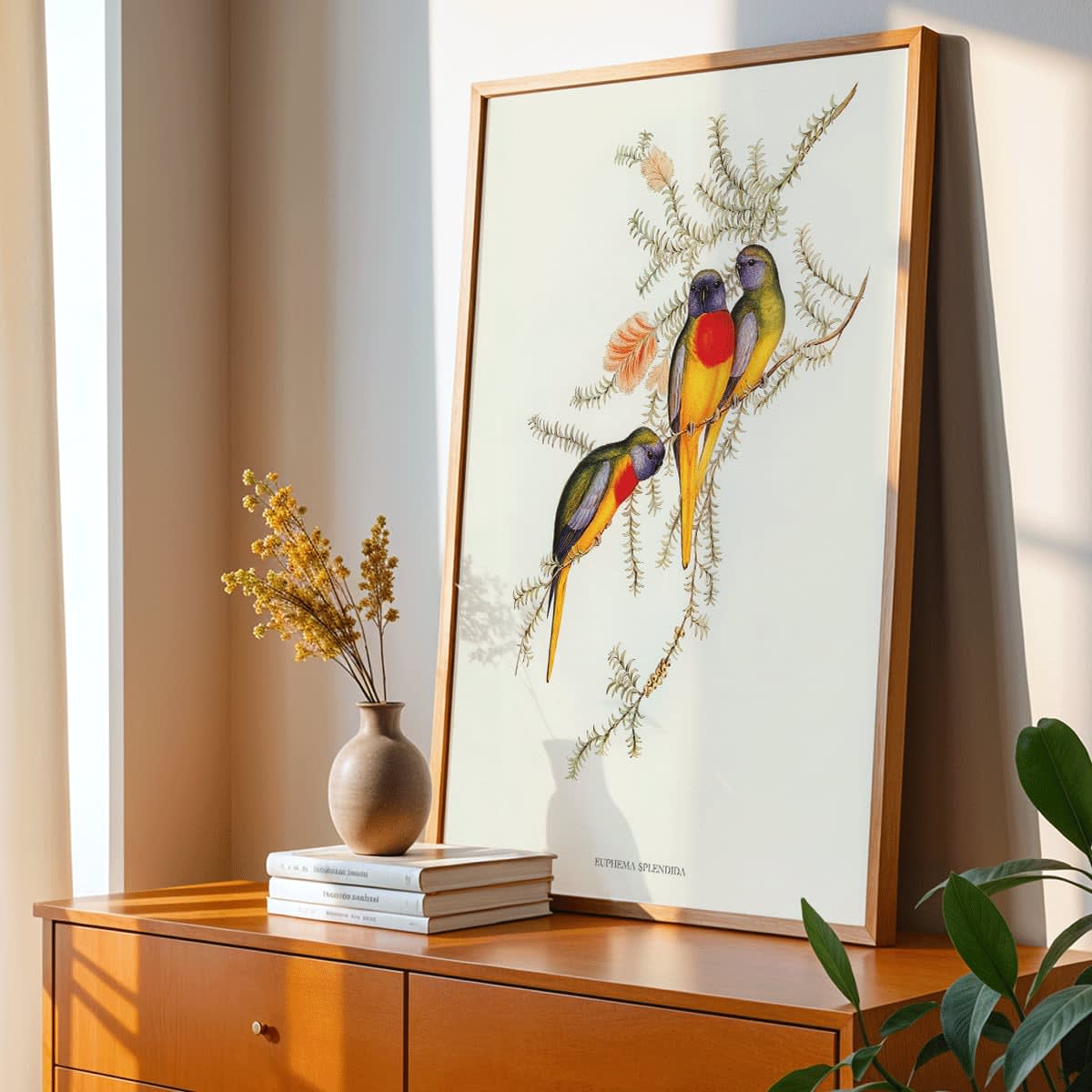 Splendid Grass-Parakeet artwork by Euphema Splendida featuring three vibrant birds perched on colorful foliage, framed and displayed in home decor