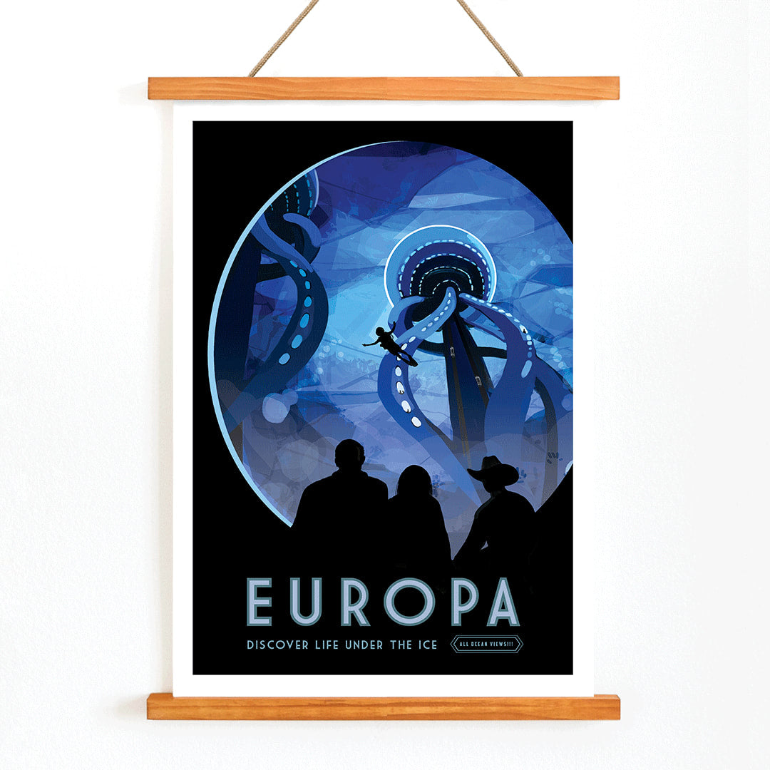 Futuristic underwater scene on Europa with giant tentacled creatures diver and people observing life under the ice by NASA, with wooden magnetic frame on white background