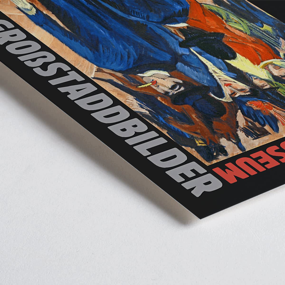 Closeup detail of Colorful Berlin Street Scene at Brücke Museum by Ernst Kirchner featuring people in vibrant attire and expressionist artwork poster