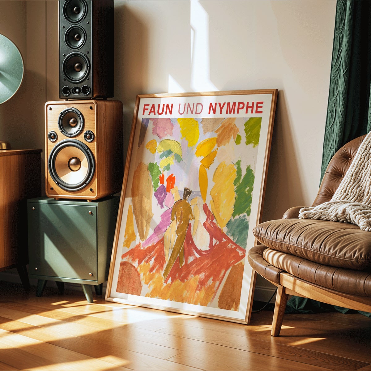 Faun and Nymphe by Edvard Weie vibrant abstract painting poster with colorful brushstrokes and bold figures, framed and displayed in modern living room decor