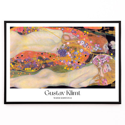 Closeup detail of Gustav Klimt Water Serpents II colorful Art Nouveau painting and poster featuring intertwined nude women with vibrant floral and gold decorative patterns
