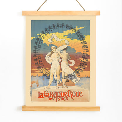Two women in flowing dresses in front of a Ferris wheel at sunset colorful sky La Grande Roue artwork poster, with wooden magnetic frame on white background
