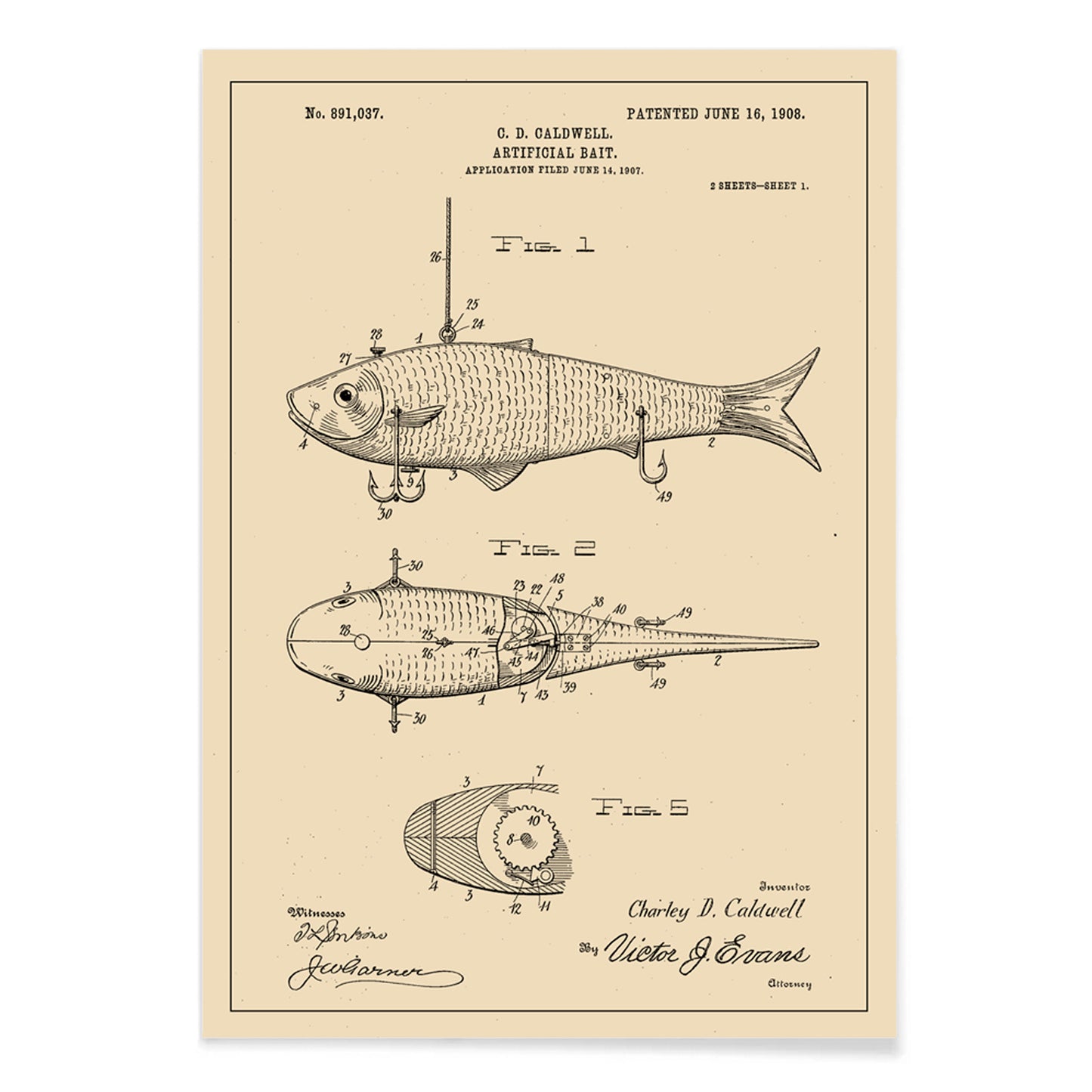 Artificial Bait Patent by C D Caldwell detailed vintage fish lure illustration and mechanical design poster artwork, with black aluminium frame on white background