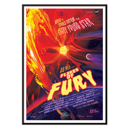 Colorful space-themed poster titled Flares of Fury by NASA featuring vibrant solar flares planets stars and a bright red and orange fiery explosion with celestial elements in the background, with black aluminium frame on white background