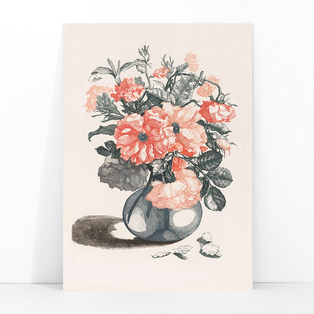 Glass vase with pink flowers and scattered petals still life poster inspired by Jean Baptiste Monnoyer, framed and displayed in modern living room decor