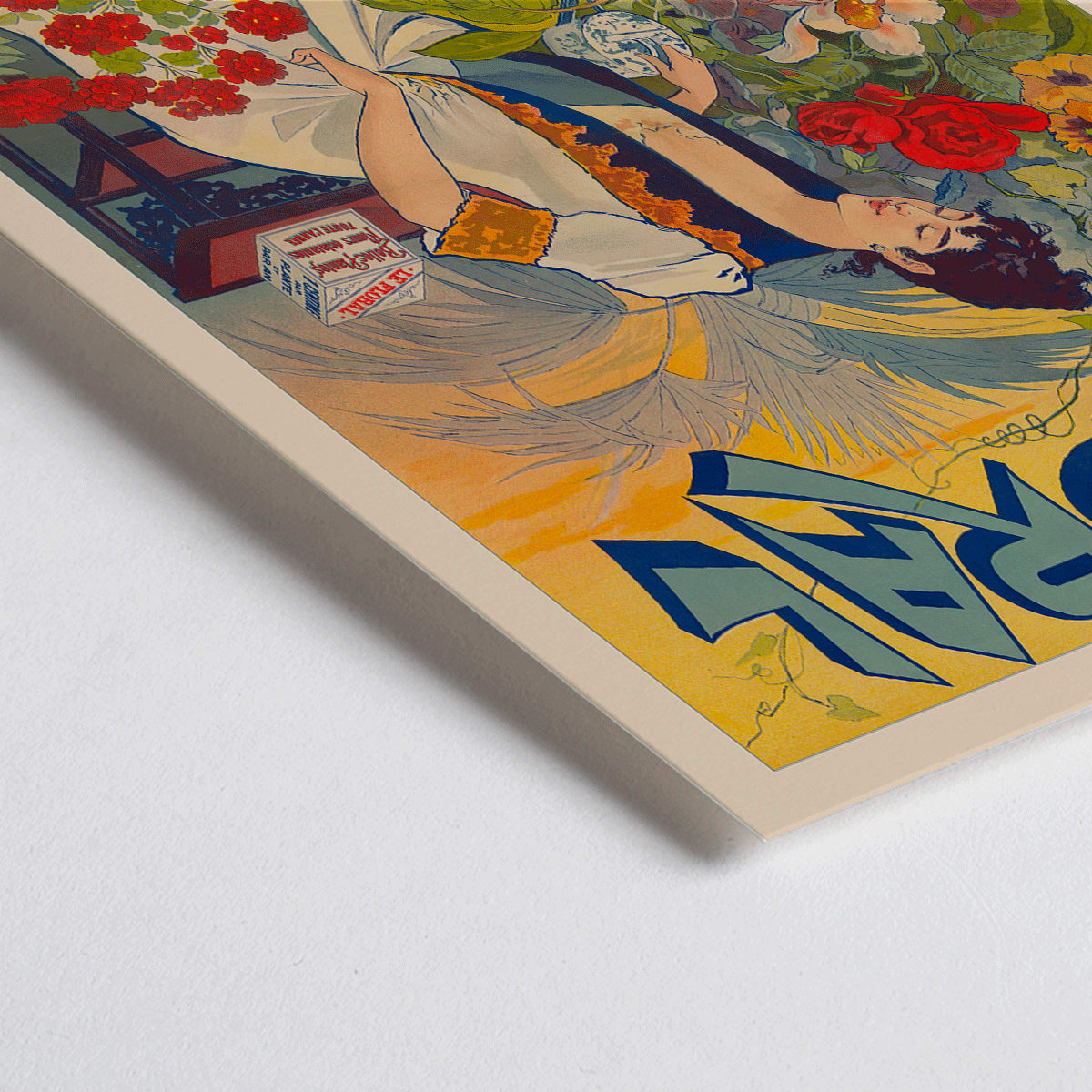 Closeup detail of Le Floral poster featuring a woman tending and watering vibrant colorful flowers with bold Le Floral text in the background