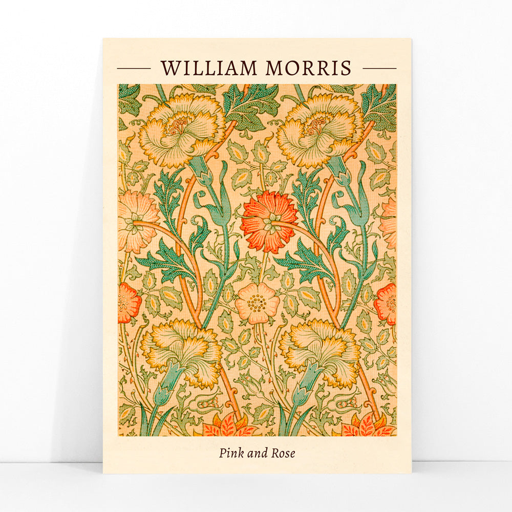 Floral pattern artwork Pink and Rose by William Morris with intricate botanical design decorative leaves and detailed flowers poster, framed and displayed in modern living room decor