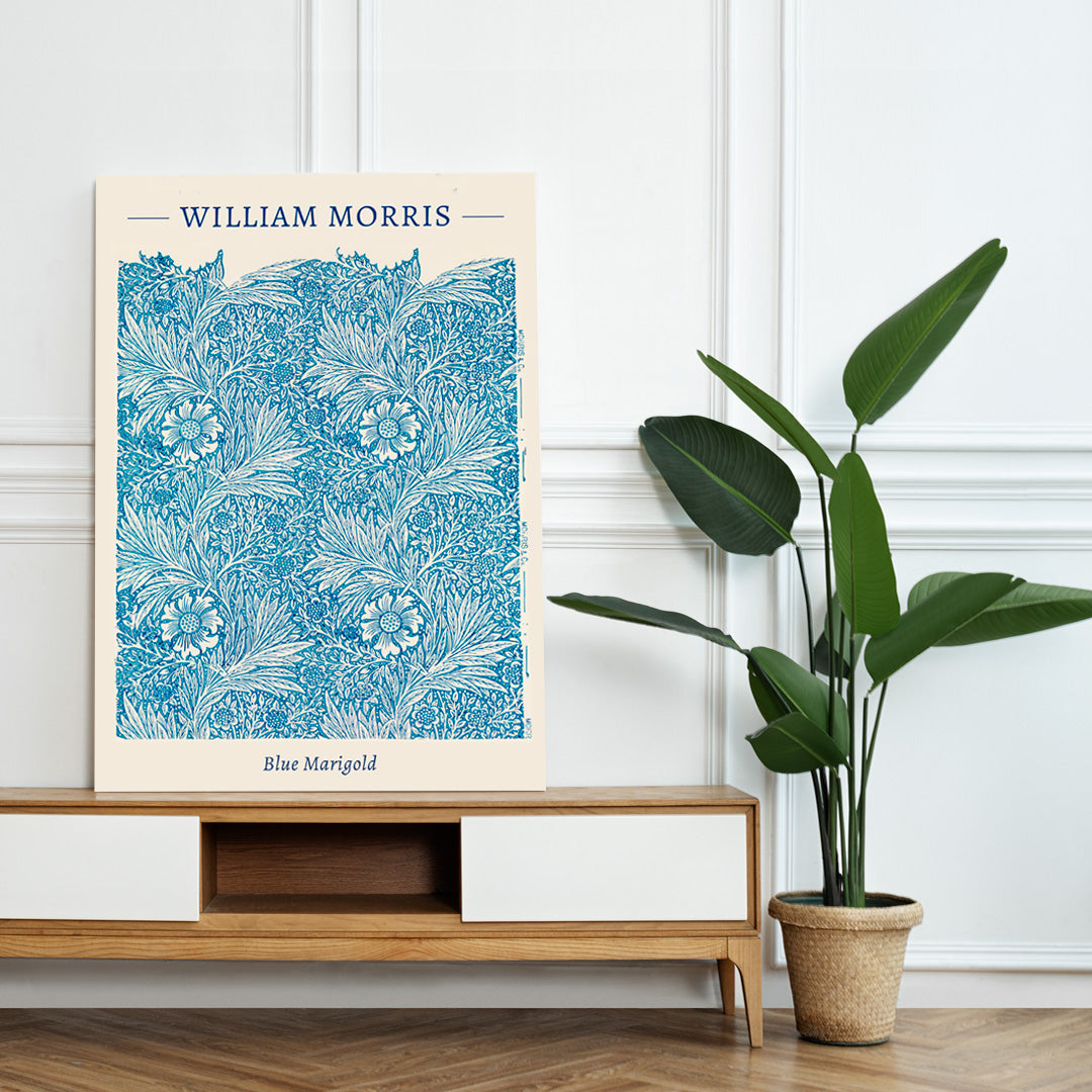 Blue Marigold illustration by William Morris featuring intricate blue floral patterns and leafy designs poster and artwork, framed and displayed in home decor