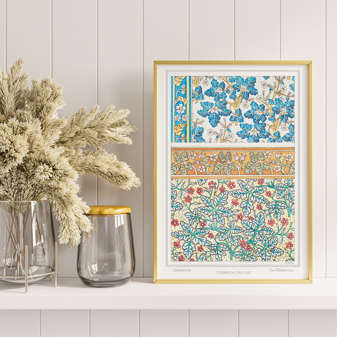 Decorative wild geranium botanical artwork and floral pattern poster by Maurice Pillard Verneuil from La Plante et ses Applications ornementales, framed and displayed in home decor