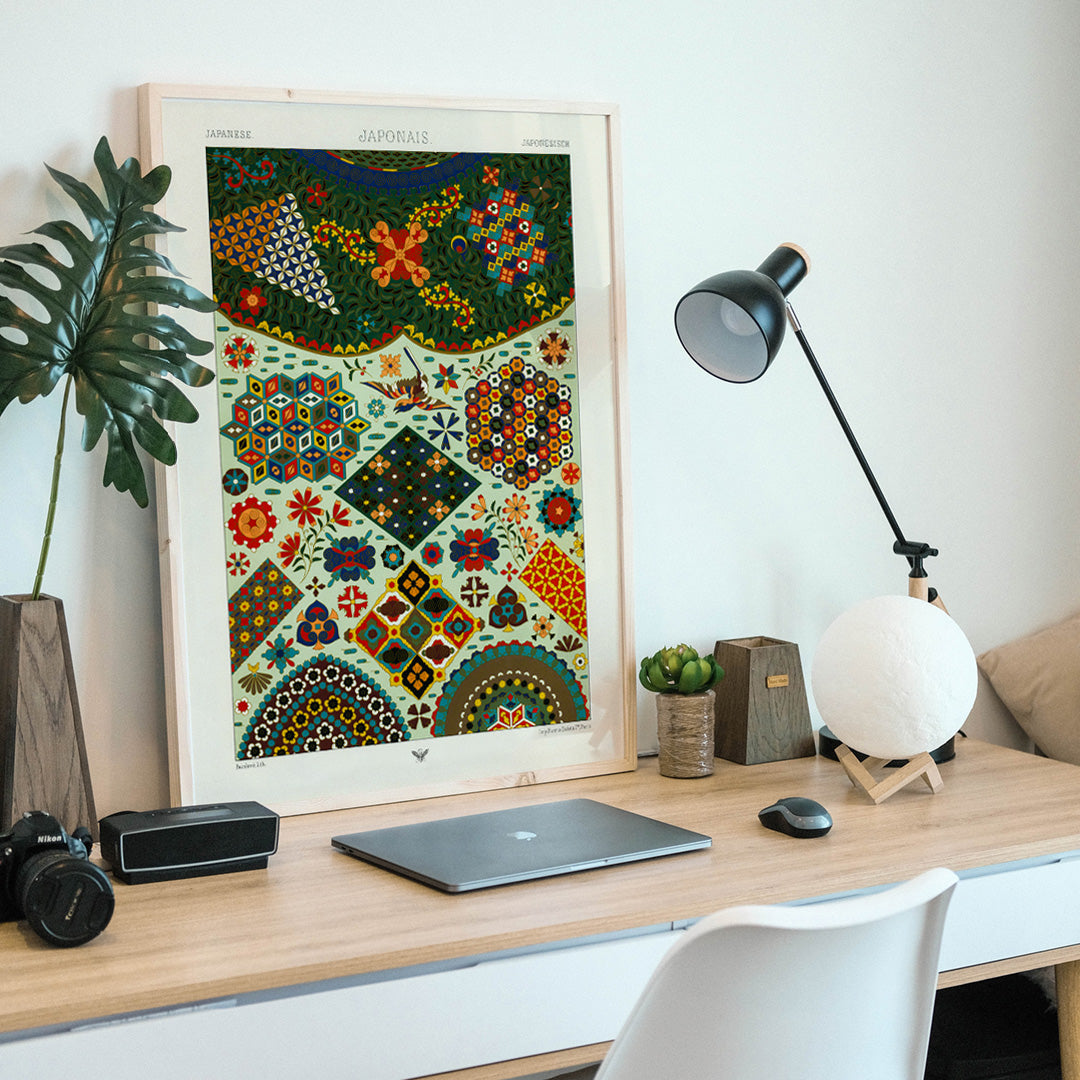 Colorful Japanese pattern artwork by Albert Racinet from Lornement Polychrome featuring intricate geometric and floral designs poster, framed and displayed in home decor