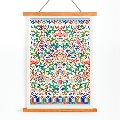 Chinese botanical illustration and botanical poster by Owen Jones from Examples of Chinese Ornament featuring intricate floral patterns and vibrant colors, with wooden magnetic frame on white background