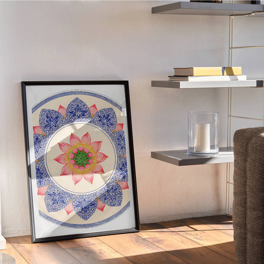 Pink floral pattern with intricate blue and red designs from Examples of Chinese Ornament by Owen Jones poster, framed and displayed in home decor