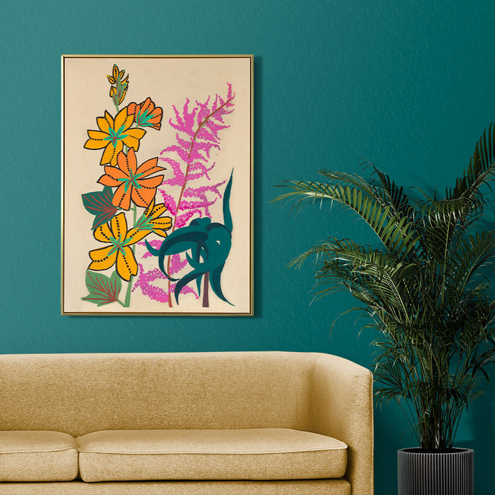 Colorful floral illustration of branches and leaves by Atelier Martine featuring vibrant orange yellow and pink flowers poster artwork, framed and displayed in home decor