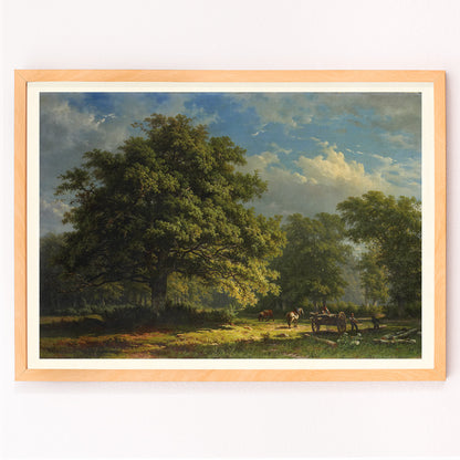 Closeup detail of Pastoral landscape poster of The Bentheim Forest by George Andries Roth showing lush green forest large trees and people working with horses