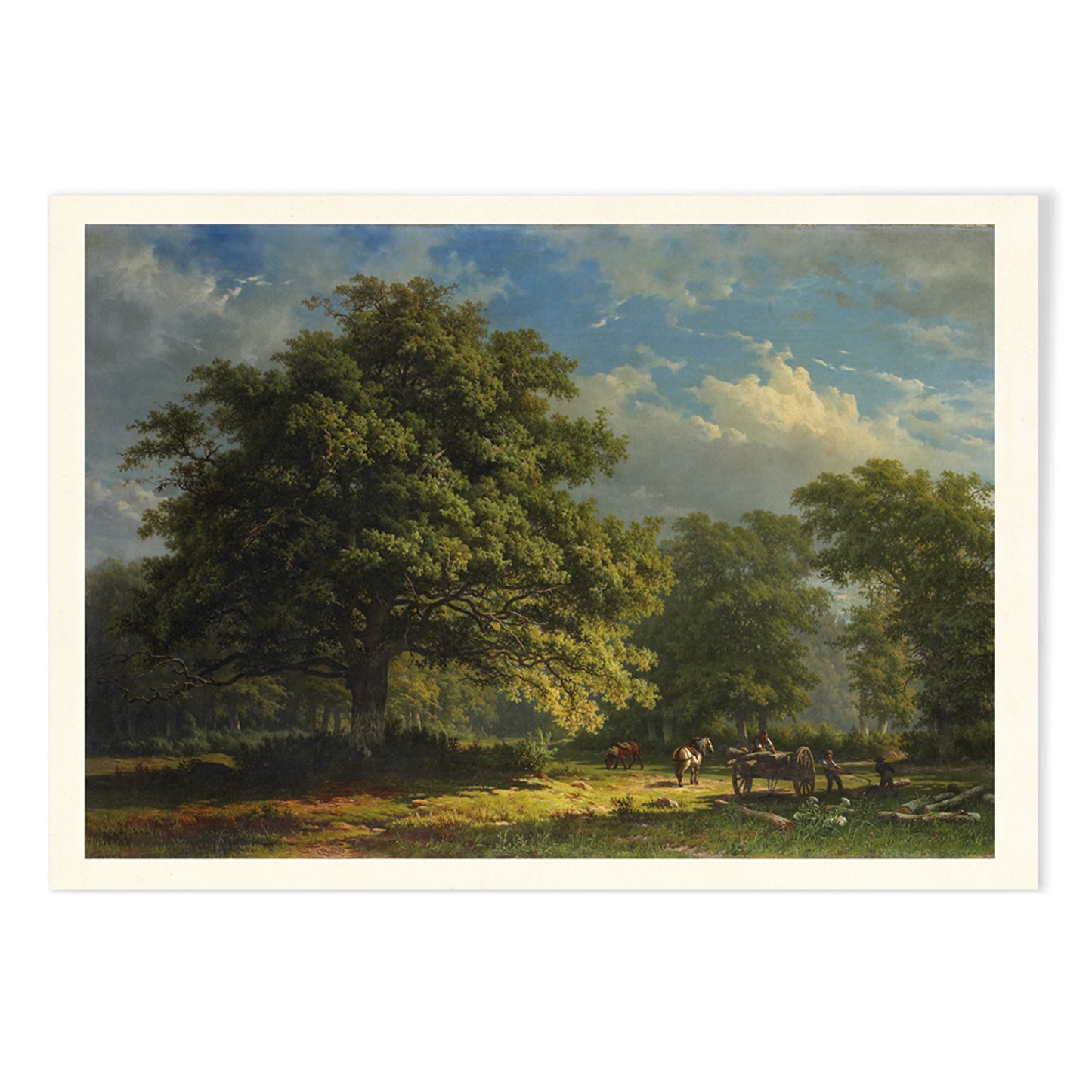 Pastoral landscape poster of The Bentheim Forest by George Andries Roth showing lush green forest large trees and people working with horses, with black aluminium frame on white background