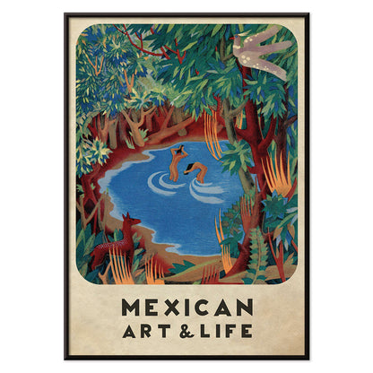 Vibrant forest scene with pond and wildlife by Carlos Merida cover art and poster from Mexican Art and Life, with black aluminium frame on white background
