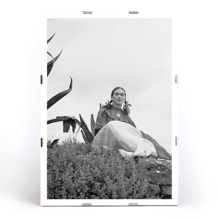 Frida Kahlo and Senora Diego Rivera seated beside agave plant photographed by Toni Frissell poster artwork, framed and displayed in modern living room decor